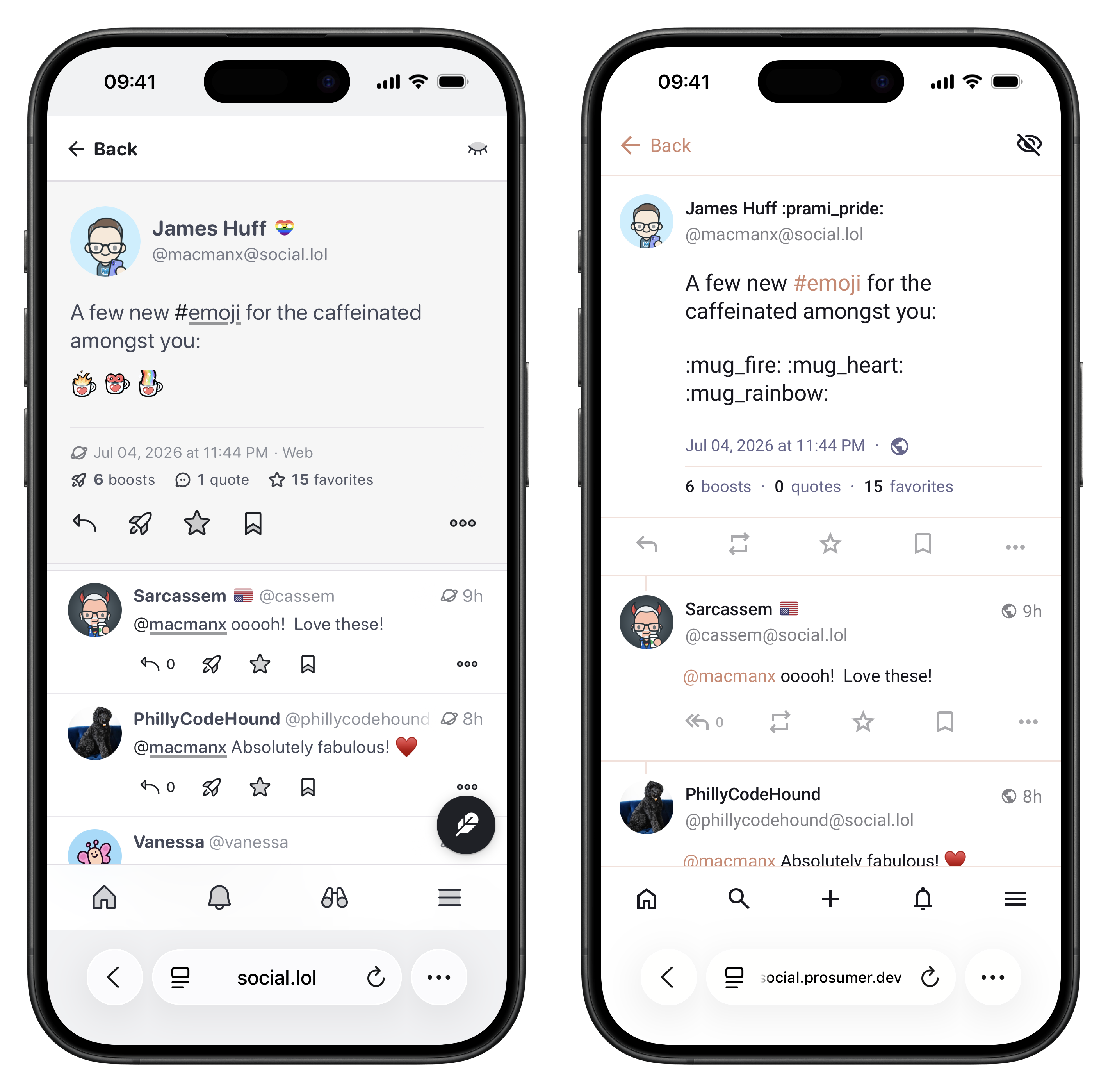 Two iPhone screenshots. Left: post on social.lol with new emoji (graphics); right: same post on social.prosumer.dev with emoji shown using their textual representation instead.